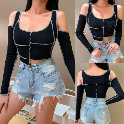 Women Long Sleeve Off Shoulder T-shirts Crop Tops Round Neck Irregular Stitching T-shirt Black Spring Hollow Out Tees - Chic Boutique