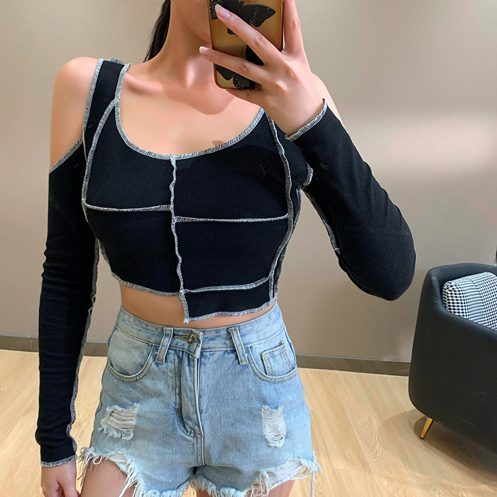 Women Long Sleeve Off Shoulder T-shirts Crop Tops Round Neck Irregular Stitching T-shirt Black Spring Hollow Out Tees - Chic Boutique