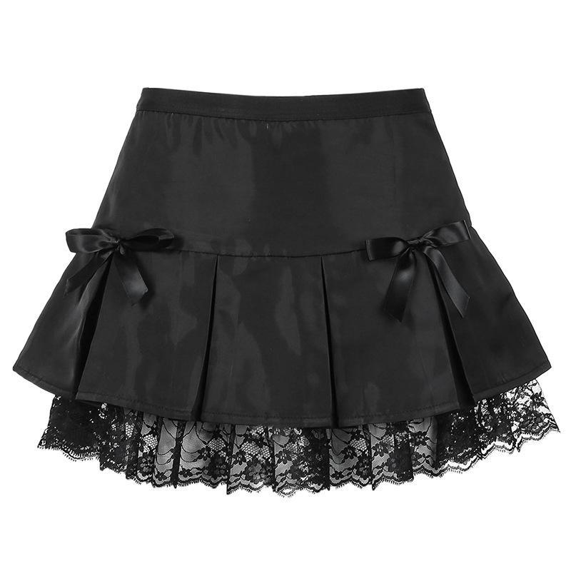 Black Goth Aesthetic Pleated Skirts Women Lace Trim Dance - Chic Boutique