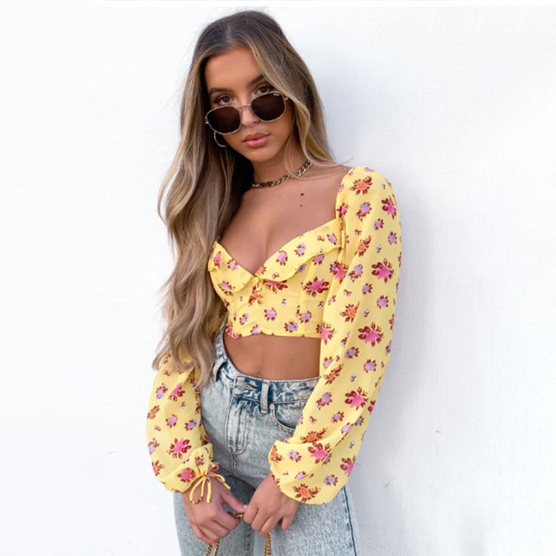 Women Boho 2 Pieces Clothes Set Yellow Color Floral Print Crop Tops Lantern Sleeve with Drawstring Ruffles Pleated Mini Skirt - Chic Boutique