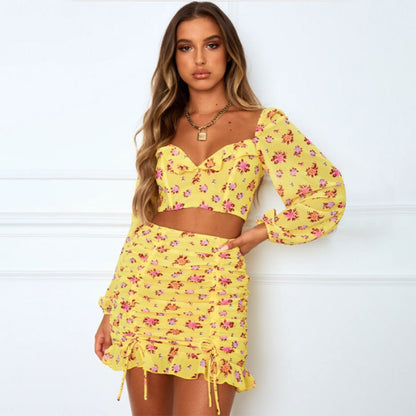 Women Boho 2 Pieces Clothes Set Yellow Color Floral Print Crop Tops Lantern Sleeve with Drawstring Ruffles Pleated Mini Skirt - Chic Boutique