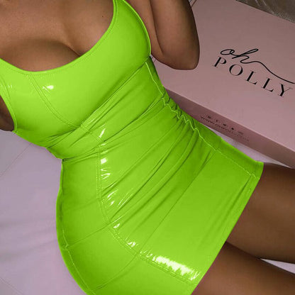 Solid Color Sling Dress Female Sexy Tight Leather Hip Skirt Party Festival Dresses - Chic Boutique