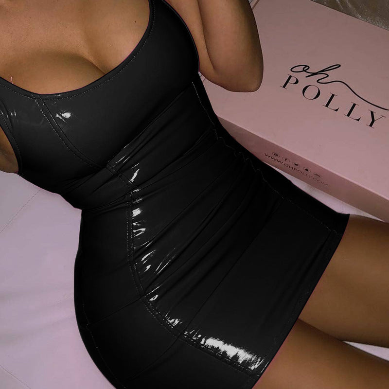 Solid Color Sling Dress Female Sexy Tight Leather Hip Skirt Party Festival Dresses - Chic Boutique