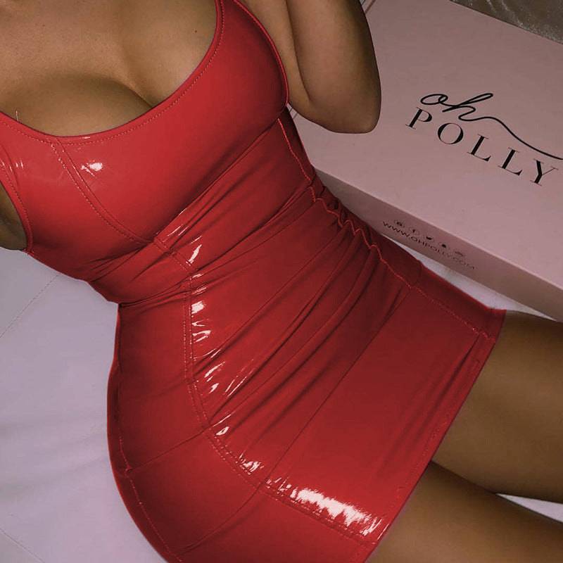 Solid Color Sling Dress Female Sexy Tight Leather Hip Skirt Party Festival Dresses - Chic Boutique