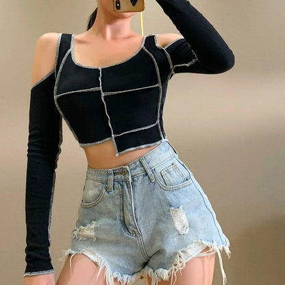 Women Long Sleeve Off Shoulder T-shirts Crop Tops Round Neck Irregular Stitching T-shirt Black Spring Hollow Out Tees - Chic Boutique